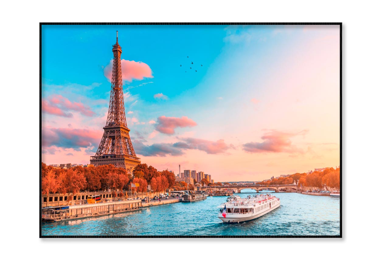 Boat Traveling Down a River Next to The Eiffel Tower Home Decor Premium Quality Poster Print Choose Your Sizes