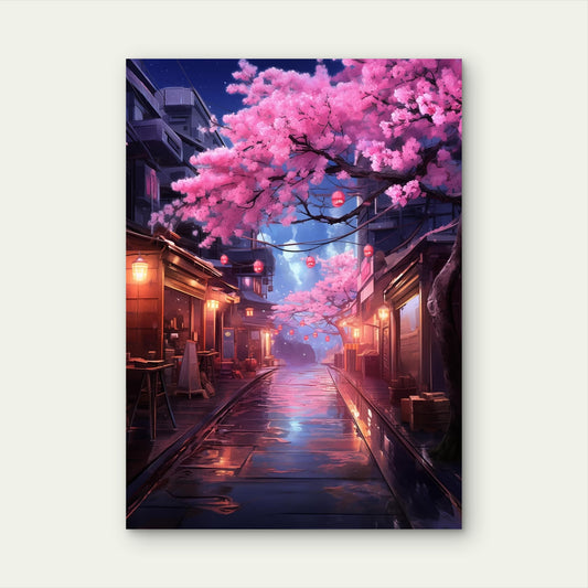 Tokyo Street Night Sakura Lantern 40x60cm Metal Print Ready to Hang