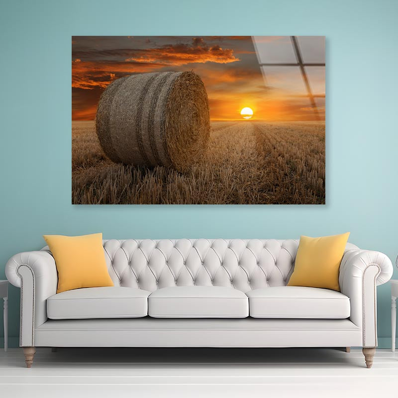 Straw Bales in A Field at Sunset Acrylic Glass Print Tempered Glass Wall Art 100% Made in Australia Ready to Hang - Bella Home Decor