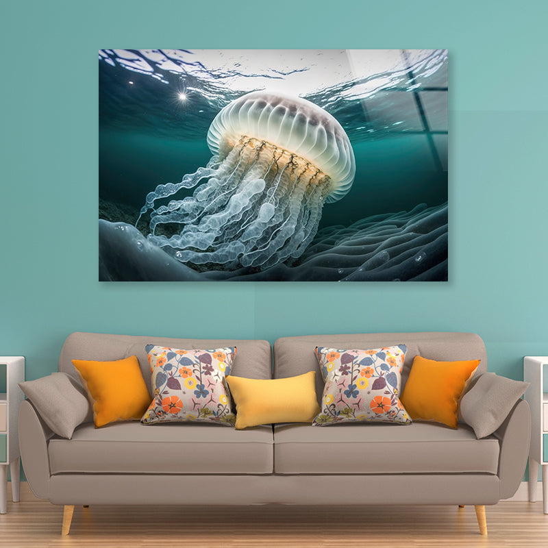 White Jellyfish Floating In the Water Acrylic Glass Print Tempered Glass Wall Art 100% Made in Australia Ready to Hang - Bella Home Decor