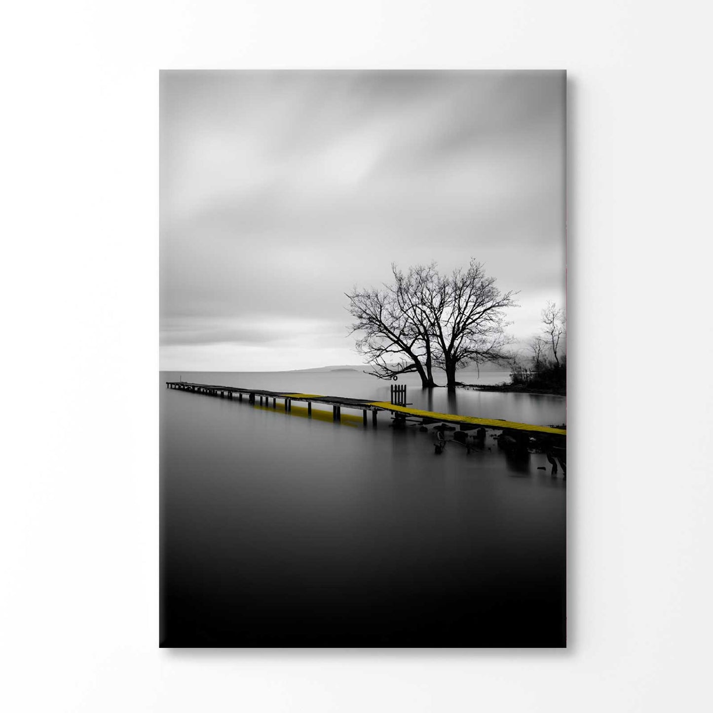 Bella Home Scenic Night Yellow Wooden Pier with Black Lake Print Canvas Ready to hang