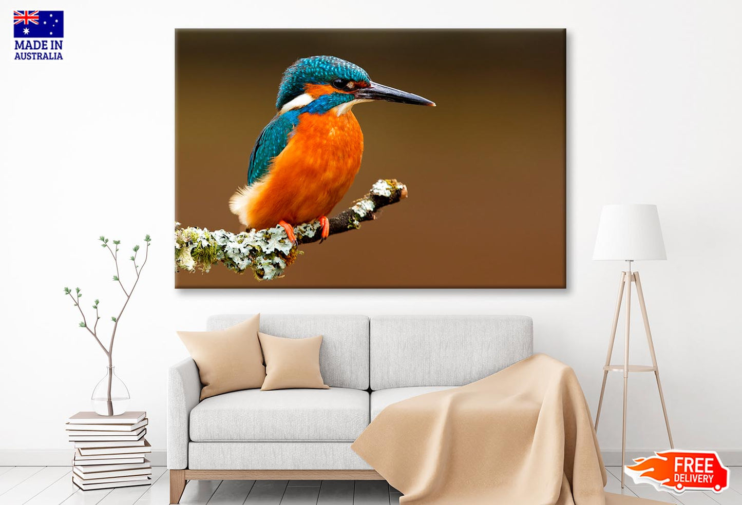 Brightly Colored Kingfisher on A Lichen Cover Branch Isolated on A Natural Brown Background  Wall Art Decor 100% Australian Made