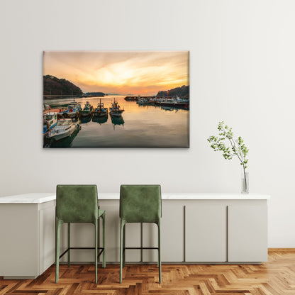 Golden sunset over fishing boats at Tongyeong, South Korea  Wall Art Decor 100% Australian Made