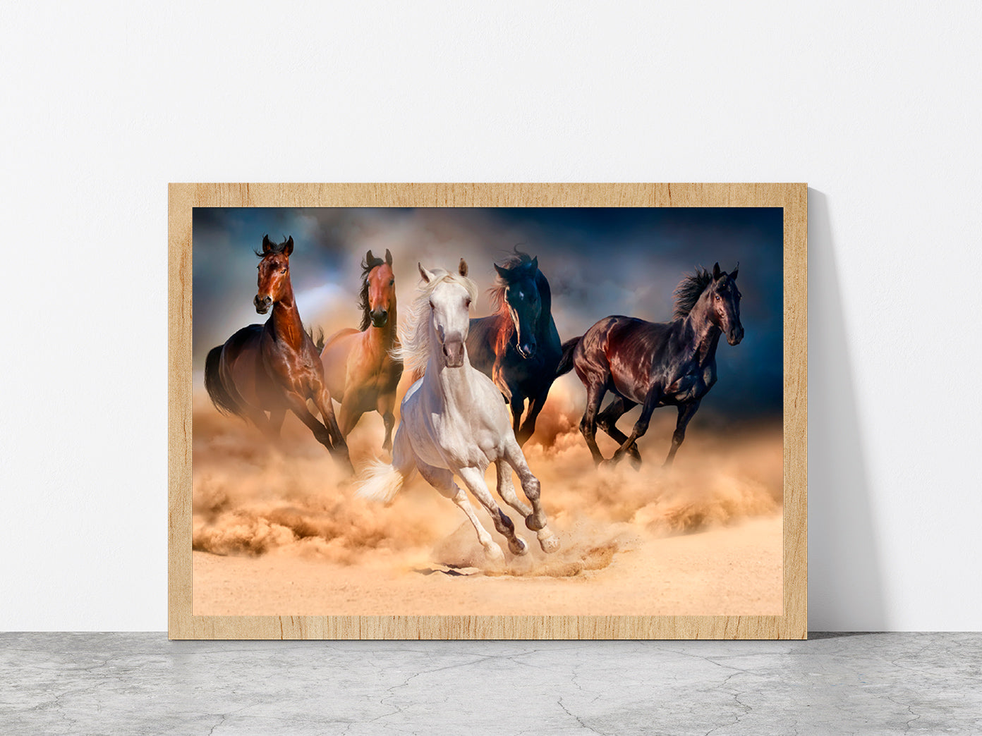 Horse Herd Run In Desert Sand Glass Framed Wall Art, Ready to Hang Quality Print Without White Border Oak