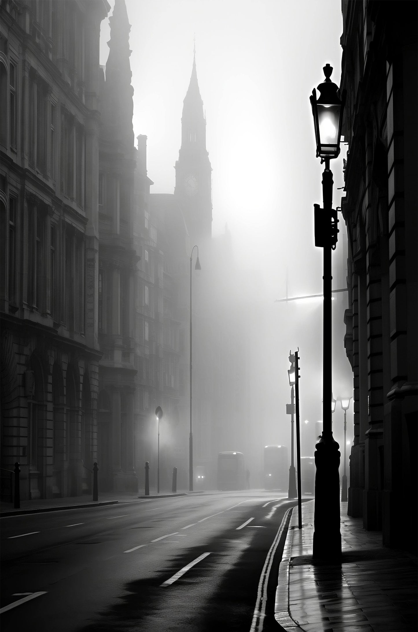 Moody Misty Black White City Street Lamp 40x60cm Metal Print Ready to Hang