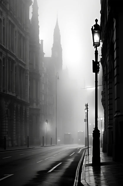 Moody Misty Black White City Street Lamp 40x60cm Metal Print Ready to Hang