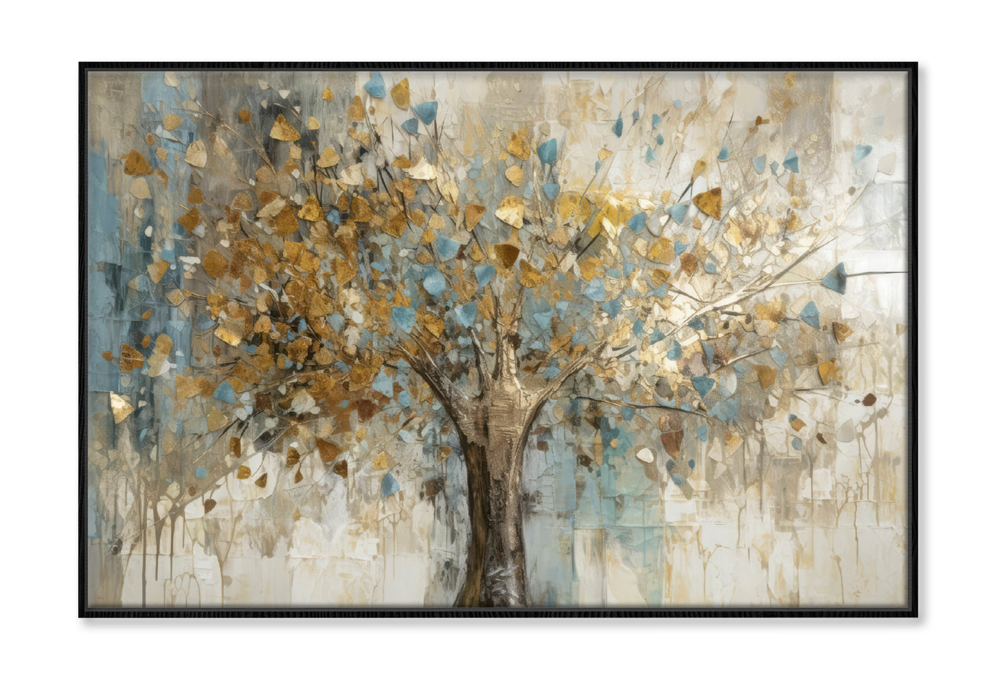 Gold Leaves Abstract Tree Oil Painting Wall Art Limited Edition High Quality Print Canvas Box Framed Black