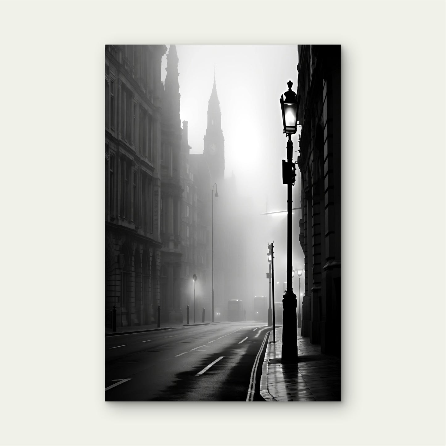 Moody Misty Black White City Street Lamp 40x60cm Metal Print Ready to Hang