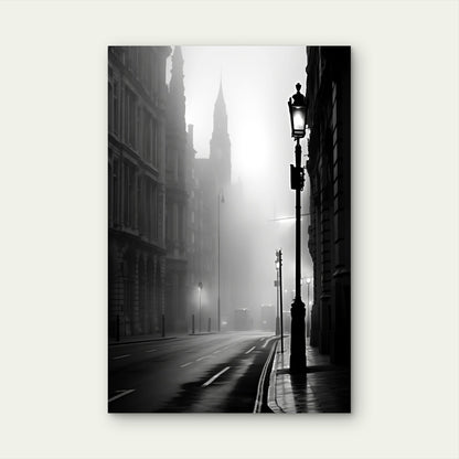 Moody Misty Black White City Street Lamp 40x60cm Metal Print Ready to Hang