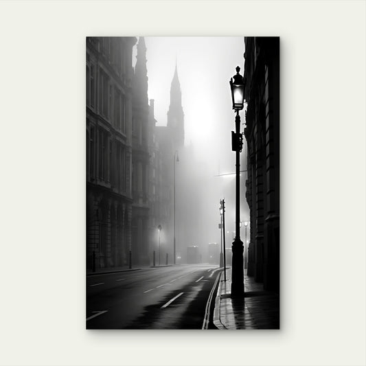 Moody Misty Black White City Street Lamp 40x60cm Metal Print Ready to Hang