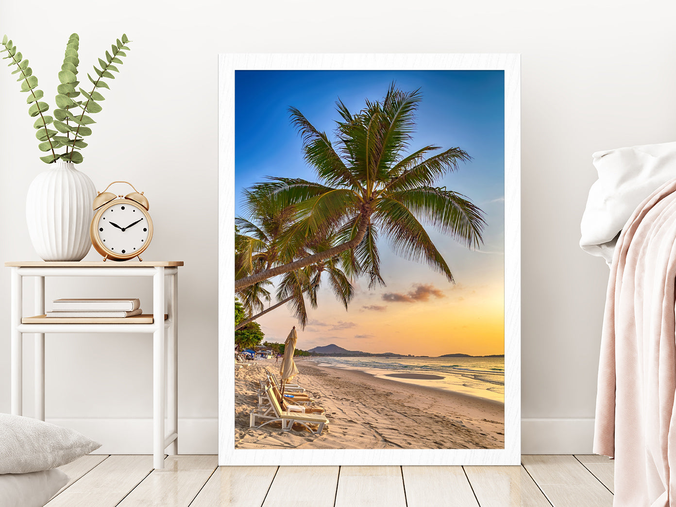 Palm Tropical Beach at Sunset Sky Photograph Glass Framed Wall Art, Ready to Hang Quality Print Without White Border White