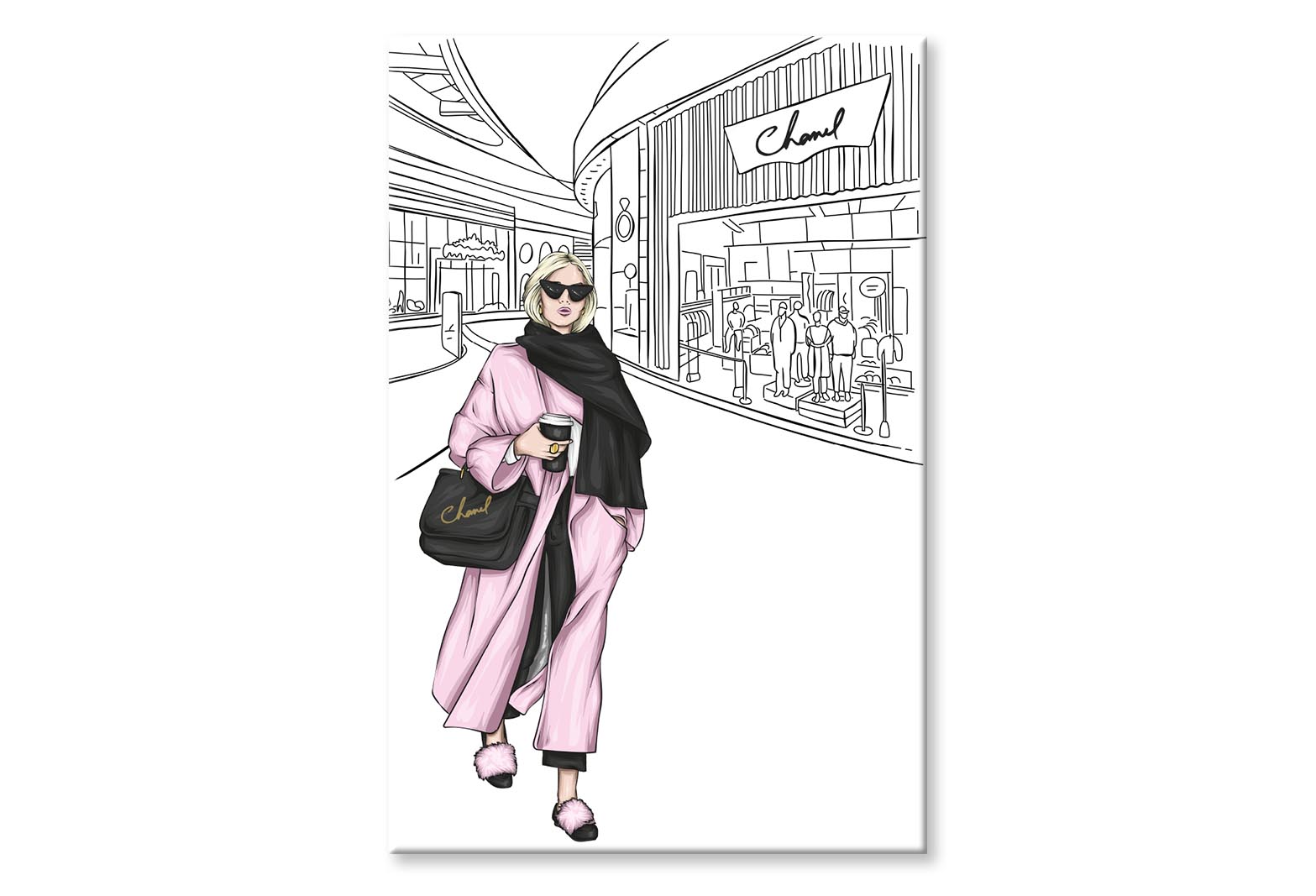 B&W Fashion Store with Pink Girl Wall Art Limited Edition High Quality Print Stretched Canvas None