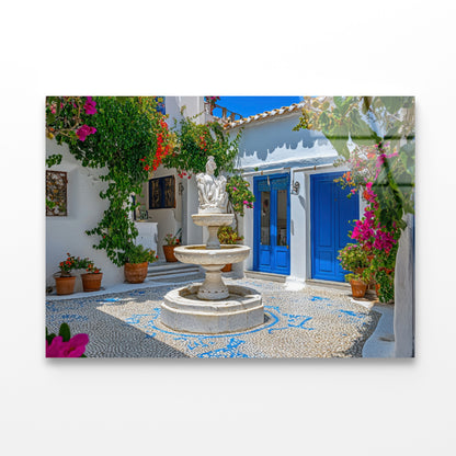 Fountain in a Courtyard, Flowers, Houseplant Acrylic Glass Print Tempered Glass Wall Art 100% Made in Australia Ready to Hang - Bella Home Decor