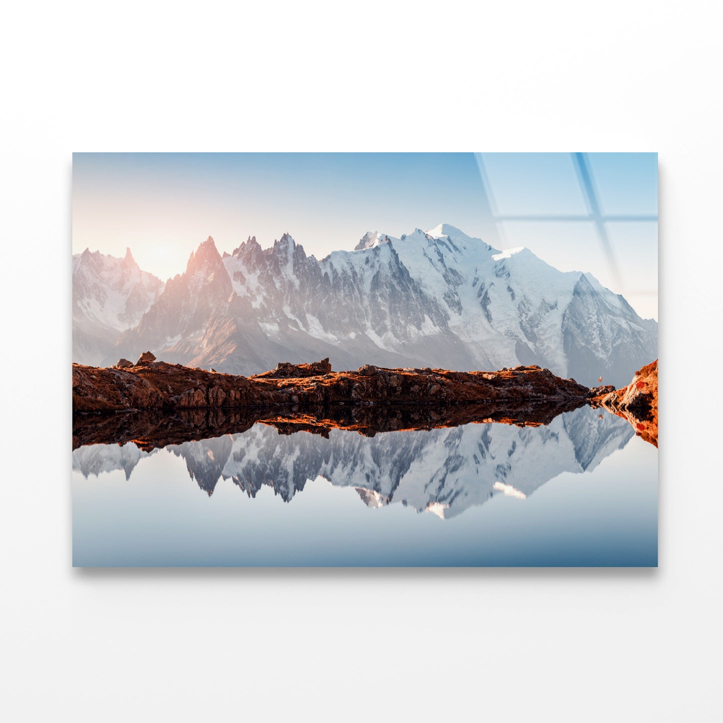 A Snow-Covered Mountain Surrounded By a Glacial Lake Acrylic Glass Print Tempered Glass Wall Art 100% Made in Australia Ready to Hang