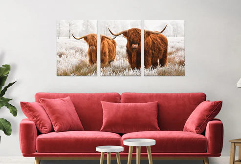 3pcs Small and Big Highland Cow Vintage Scenery Wall Art Set Canvas Unframed - High Quality Print 100% Australian Made Wall Canvas