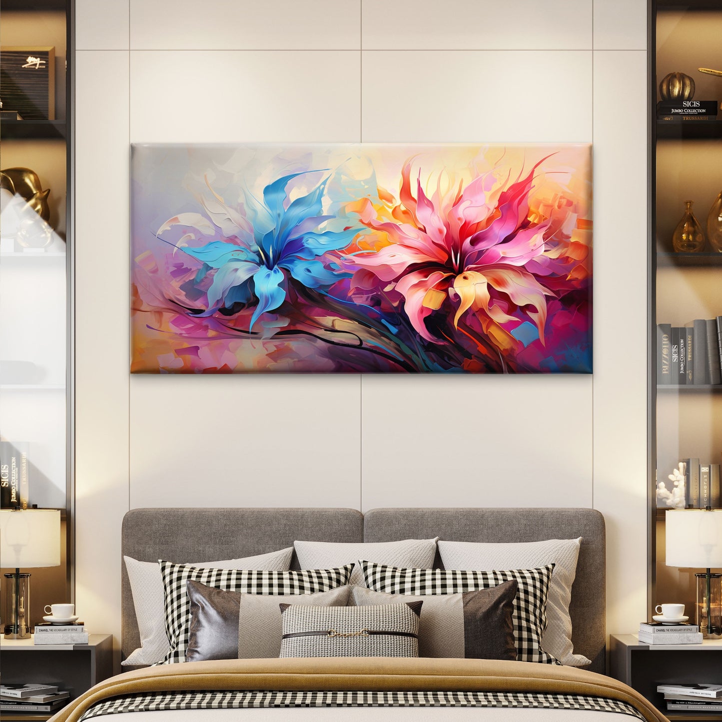 Bright Blue Pink Abstract Flowers Wall Art Canvas Office Home Room Framed 120x60cm - Bella Home Decor