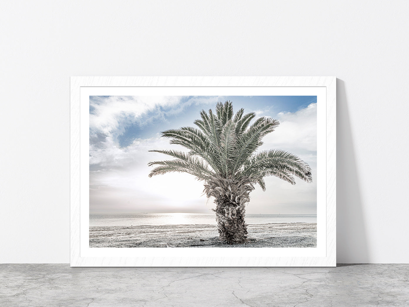 Date Tree near Sea Faded Photograph Glass Framed Wall Art, Ready to Hang Quality Print