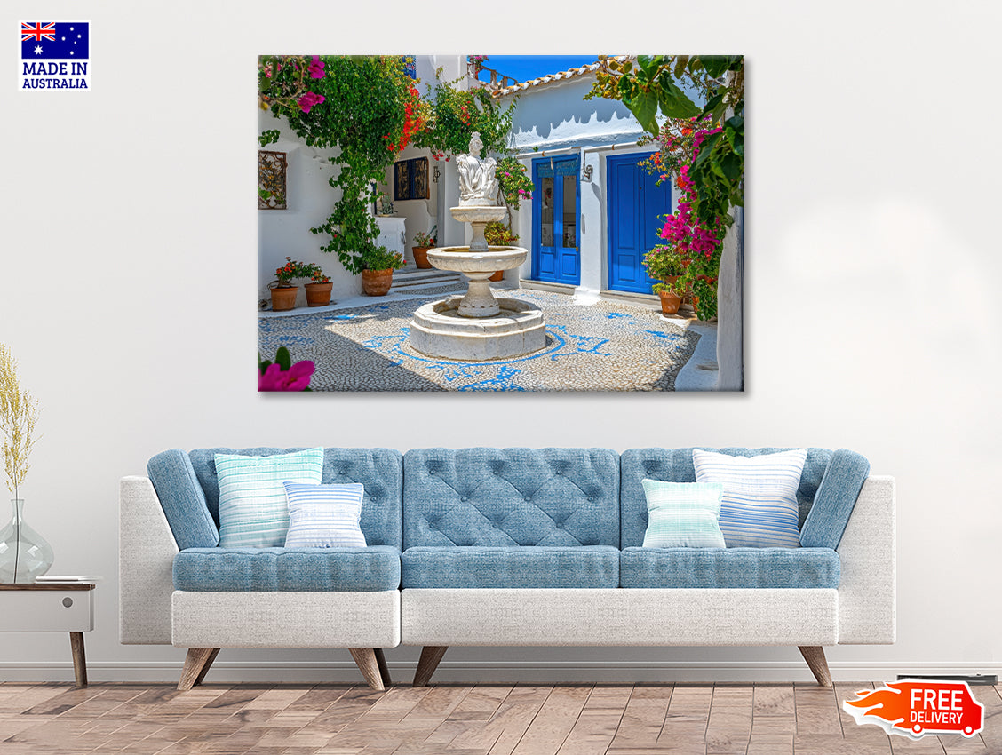 Fountain in a Courtyard, Flowers, Houseplant Print 100% Australian Made - Bella Home Decor