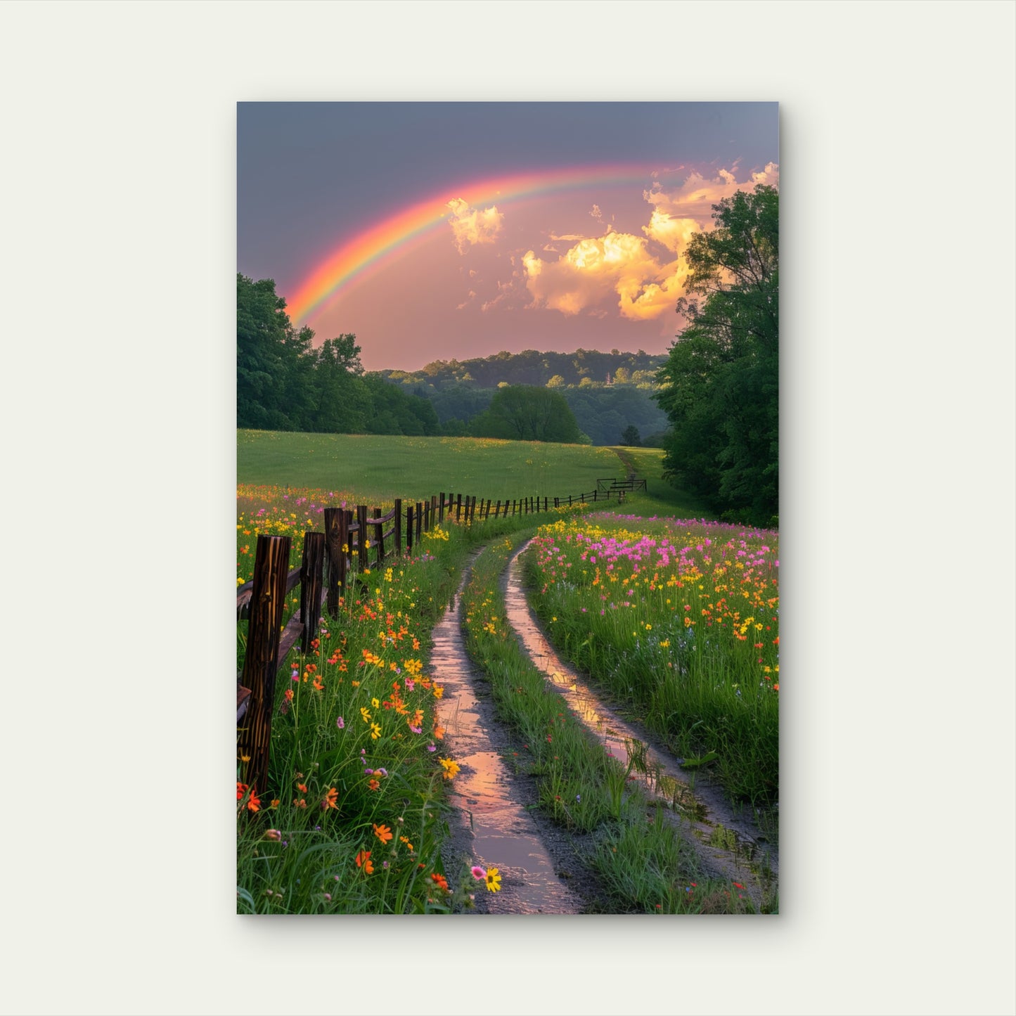 Vibrant Sunset Rainbow Appearing Road 40x60cm Metal Print Ready to Hang