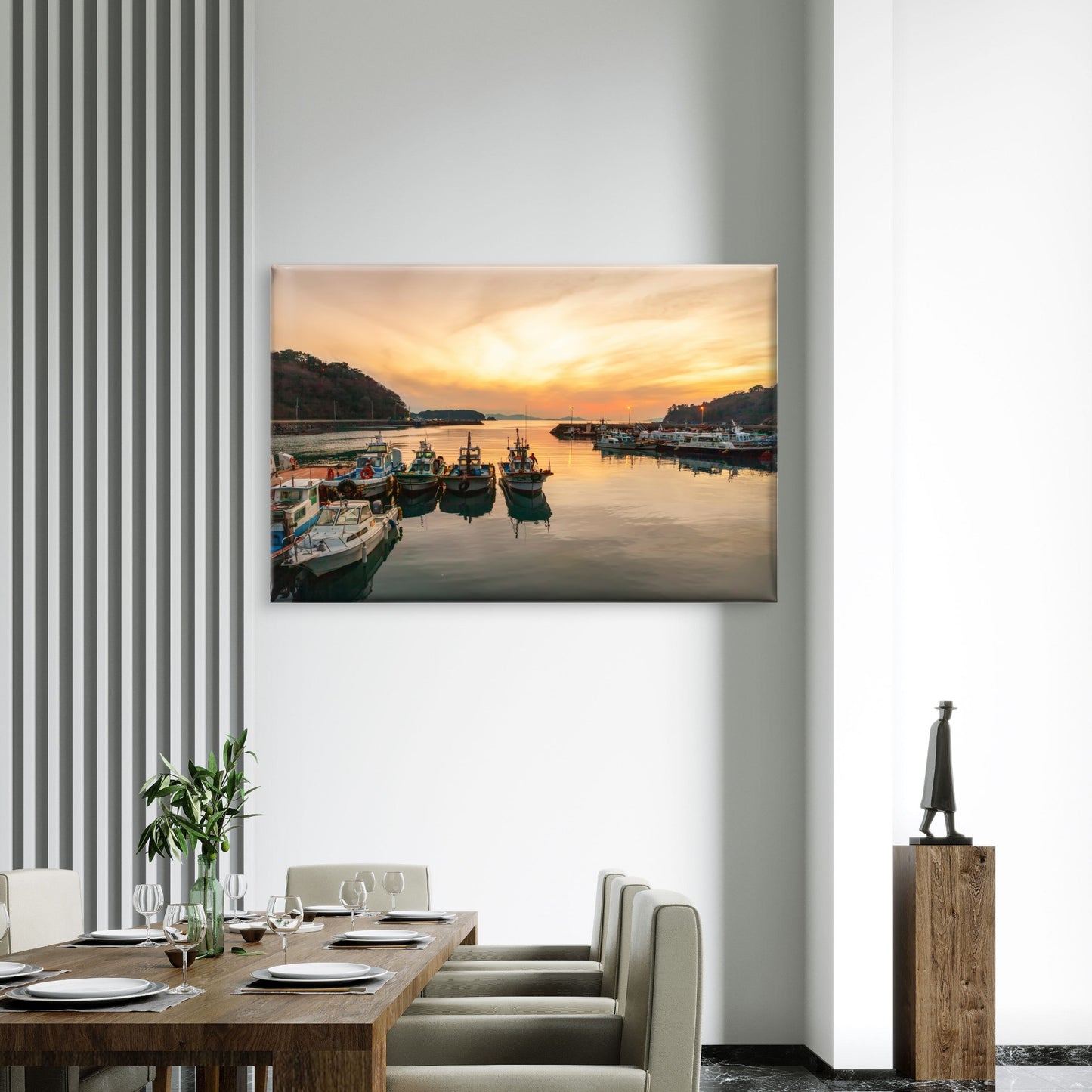 Golden sunset over fishing boats at Tongyeong, South Korea  Wall Art Decor 100% Australian Made