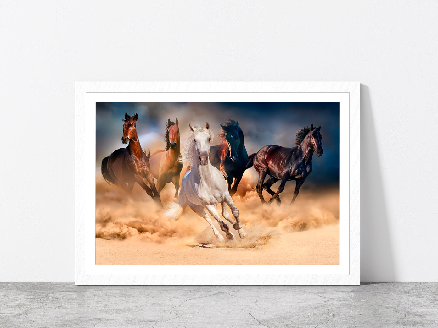 Horse Herd Run In Desert Sand Glass Framed Wall Art, Ready to Hang Quality Print With White Border White