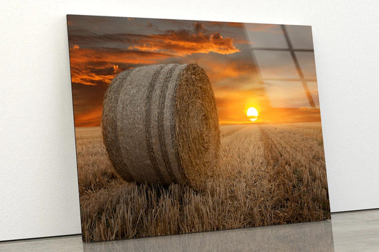 Straw Bales in A Field at Sunset Acrylic Glass Print Tempered Glass Wall Art 100% Made in Australia Ready to Hang - Bella Home Decor