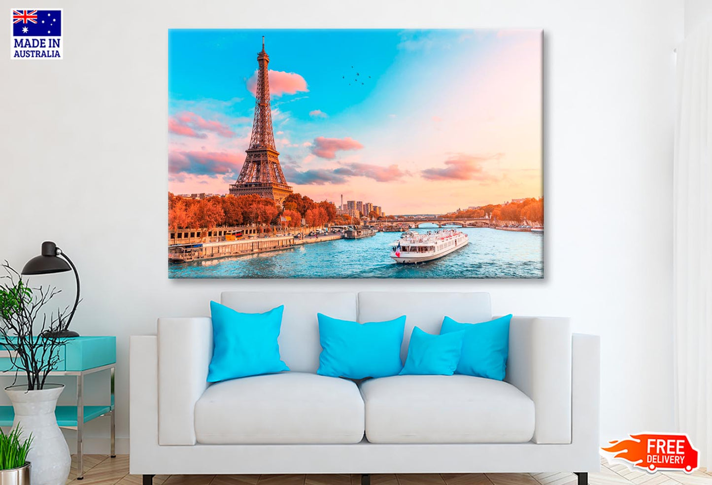 Boat Traveling Down a River Next to The Eiffel Tower Wall Art Decor 100% Australian Made