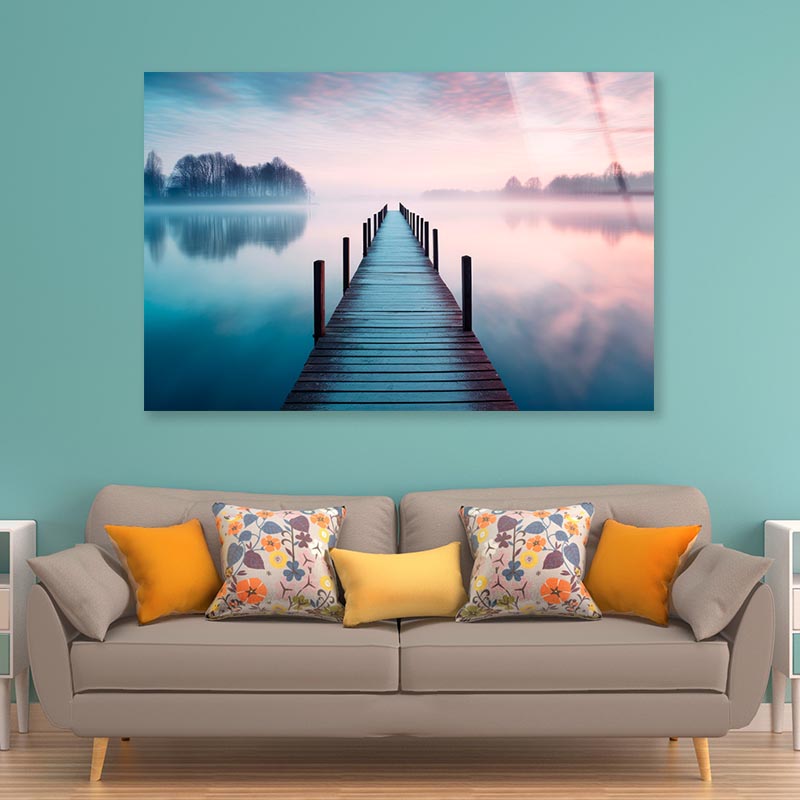 Lakeside View Featuring a Wooden Pier  Acrylic Glass Print Tempered Glass Wall Art 100% Made in Australia Ready to Hang - Bella Home Decor