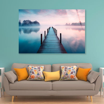 Lakeside View Featuring a Wooden Pier  Acrylic Glass Print Tempered Glass Wall Art 100% Made in Australia Ready to Hang - Bella Home Decor