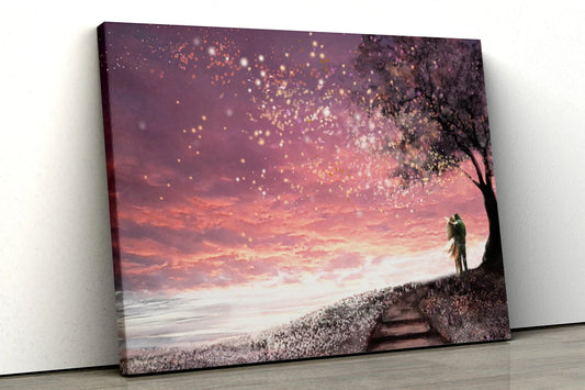 Pink sky Mountain scene with tree oil painting UV Direct Aluminum Print Australian Made Quality