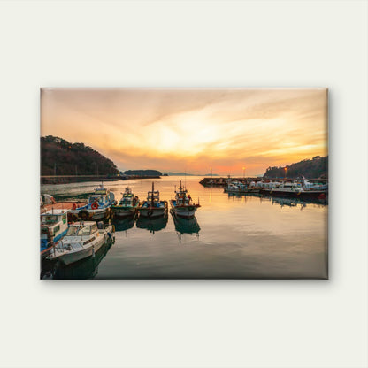 Golden sunset over fishing boats at Tongyeong, South Korea  Wall Art Decor 100% Australian Made