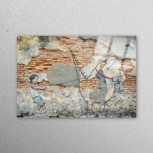 Little Boy With Pet Dinosaur Acrylic Glass Print Tempered Glass Wall Art 100% Made in Australia Ready to Hang