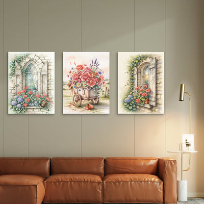 3pcs Vintage Cottage Window Floral Cart Painting Wall Art Set Canvas Framed 40x60cm - High Quality Print 100% Australian Made Wall Canvas Ready to Hang