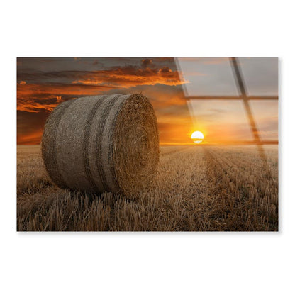 Straw Bales in A Field at Sunset Acrylic Glass Print Tempered Glass Wall Art 100% Made in Australia Ready to Hang - Bella Home Decor