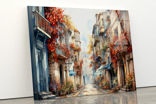 Watercolor Painting of a City Streets in autumn Acrylic Glass Print Tempered Glass Wall Art 100% Made in Australia Ready to Hang