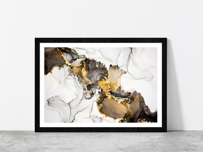 Black White & Gold Abstract Glass Framed Wall Art, Ready to Hang Quality Print With White Border Black