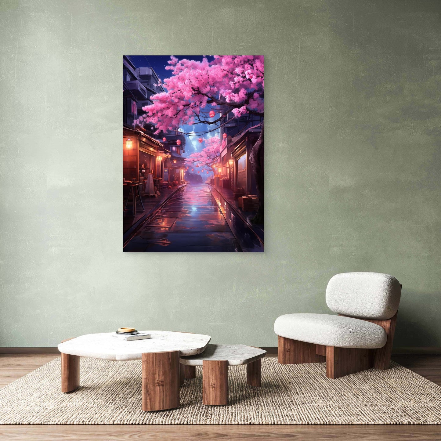 Tokyo Street Night Sakura Lantern 40x60cm Metal Print Ready to Hang
