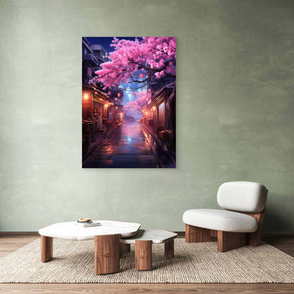 Tokyo Street Night Sakura Lantern 40x60cm Metal Print Ready to Hang