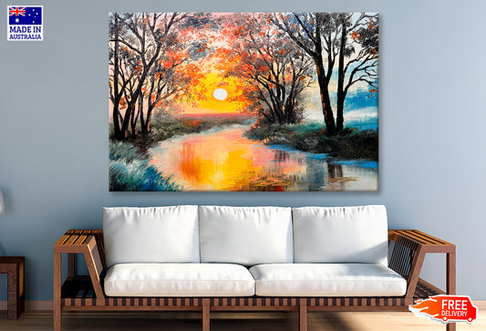 The River In Autumn Forest & Sunset Painting Wall Art Limited Edition High Quality Print