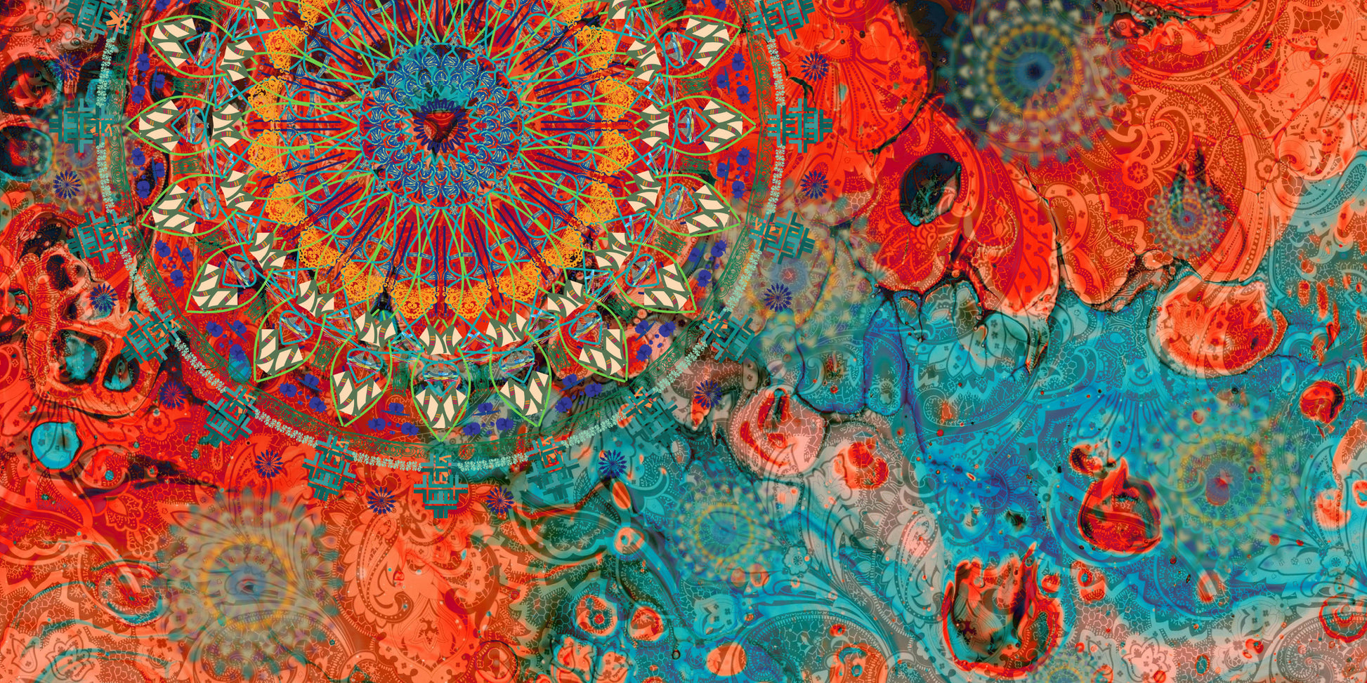 Boho Mandala Teal Orange Pattern Wall Art Canvas Office Home Room Framed 120x60cm - Bella Home Decor