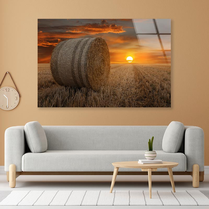 Straw Bales in A Field at Sunset Acrylic Glass Print Tempered Glass Wall Art 100% Made in Australia Ready to Hang - Bella Home Decor