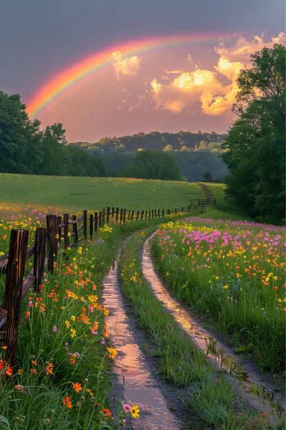 Vibrant Sunset Rainbow Appearing Road 40x60cm Metal Print Ready to Hang