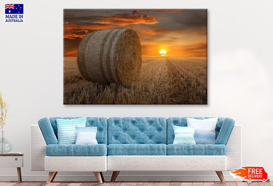 Straw Bales in A Field at Sunset Wall Art Decor 100% Australian Made