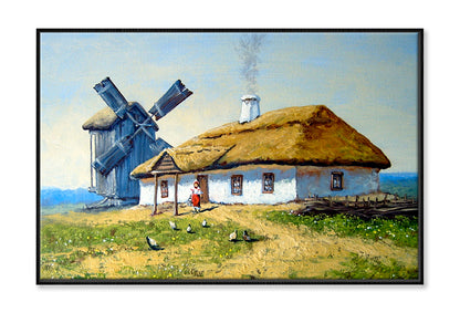 Ukrainian House, Windmill Oil Painting Wall Art Limited Edition High Quality Print Canvas Box Framed Black