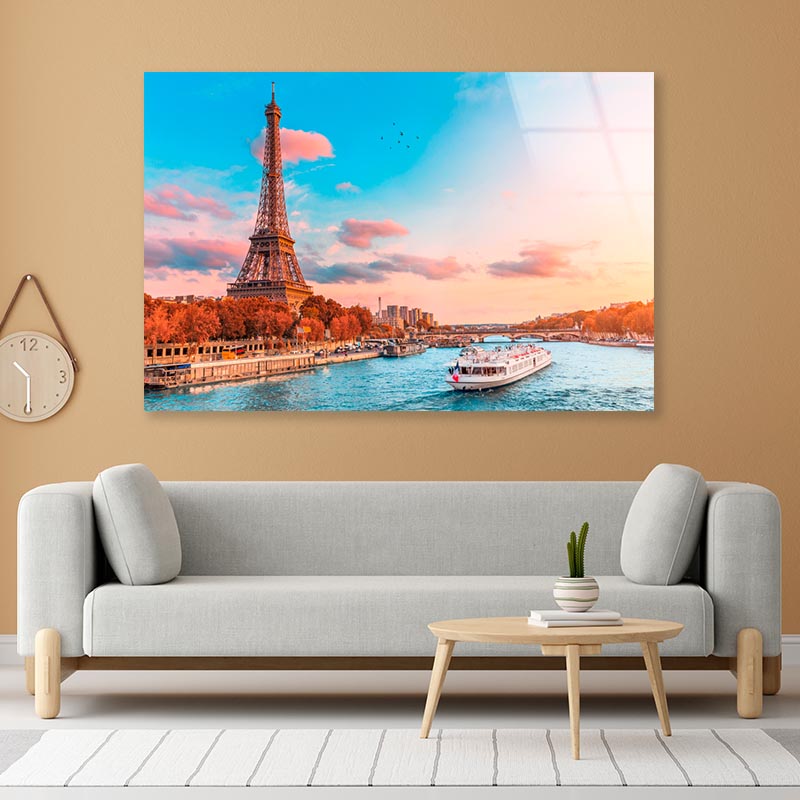 Boat on River & Sunset Eiffel Tower View Acrylic Glass Print Tempered Glass Wall Art 100% Made in Australia Ready to Hang - Bella Home Decor