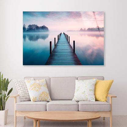 Lakeside View Featuring a Wooden Pier  Acrylic Glass Print Tempered Glass Wall Art 100% Made in Australia Ready to Hang - Bella Home Decor