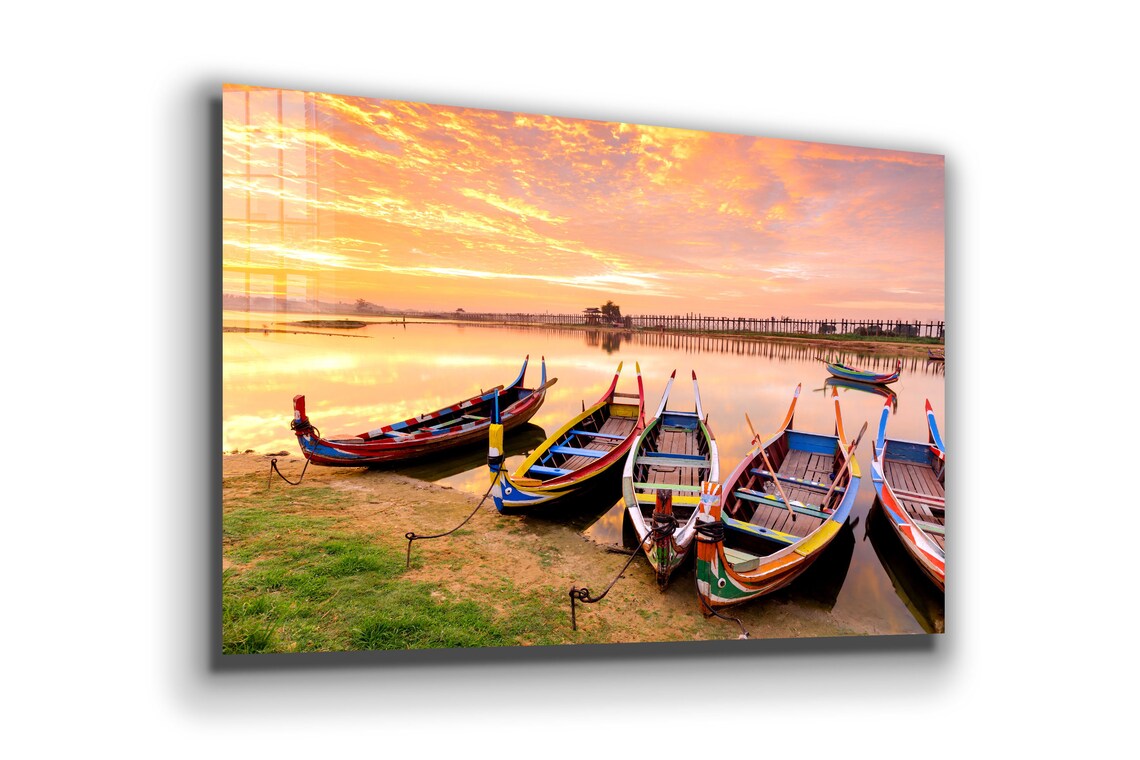 Boats on Lake Sunset UV Direct Aluminum Print Australian Made Quality