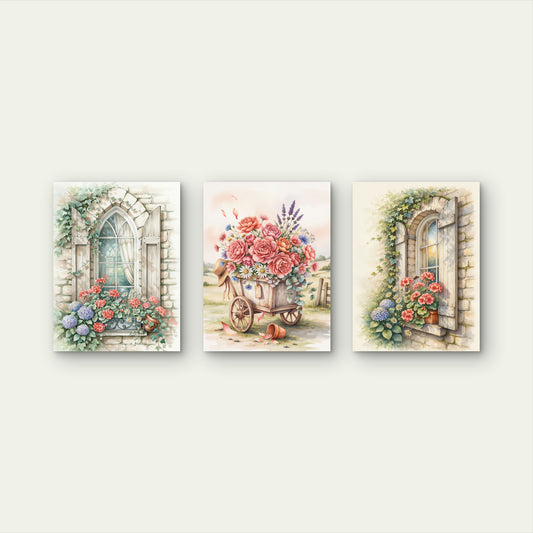 3pcs Vintage Cottage Window Floral Cart Painting Wall Art Set Canvas Framed 40x60cm - High Quality Print 100% Australian Made Wall Canvas Ready to Hang