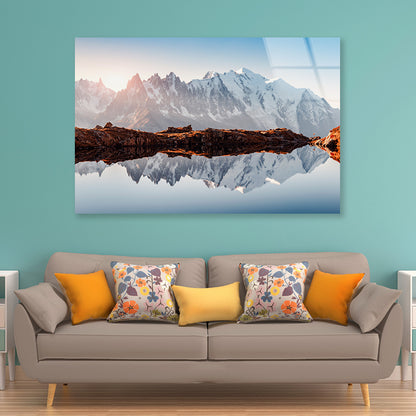 A Snow-Covered Mountain Surrounded By a Glacial Lake Acrylic Glass Print Tempered Glass Wall Art 100% Made in Australia Ready to Hang