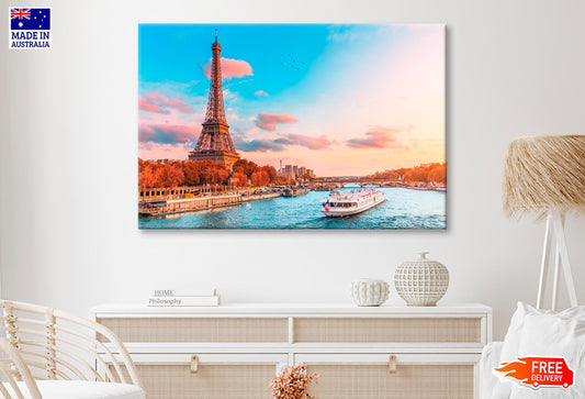 Boat Traveling Down a River Next to The Eiffel Tower Wall Art Decor 100% Australian Made